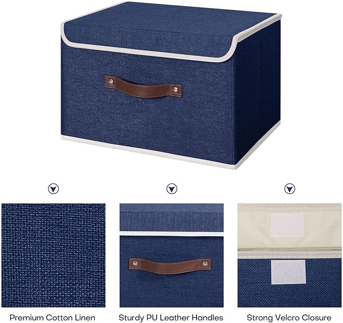 ANMINY 2PCS Storage Bins with Lid PU Leather Handles Storage Boxes PP Plastic Board Decorative Foldable Lidded Cotton Linen Fabric Home Cubes Baskets Closet Organizer Containers - Blue, Large Size