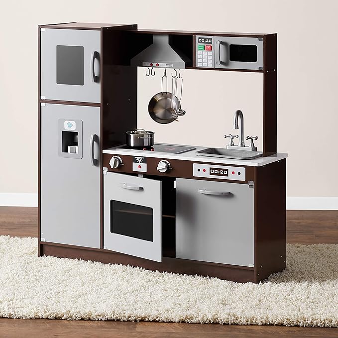 Amazon Basics Kids Upright Wooden Kitchen Toy Playset with Stove, Oven, Sink, Fridge and Accessories, for Toddlers, Preschoolers, Children Age 3+ Years, Espresso/Gray, 39x11.8x39''