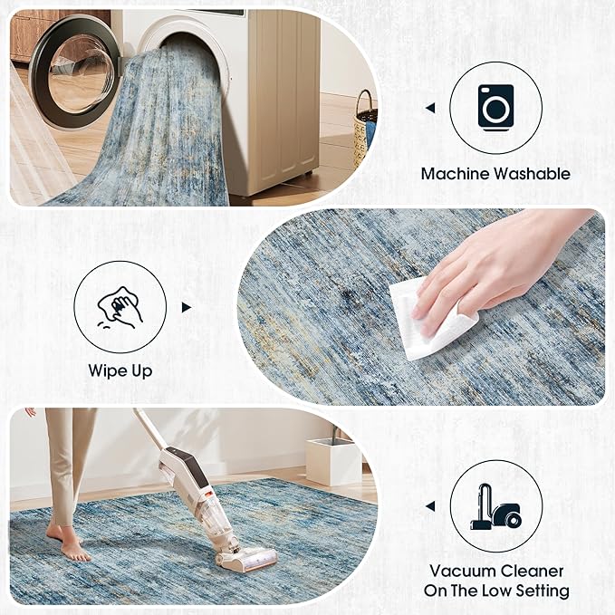 Area Rugs 8x10 Living Room Rugs: Large Modern Abstract Washable Rug with Non-Slip Backing, Thin Carpet for Dining Room Table Bedroom Nursery Indoor Home Office-Blue/Brown