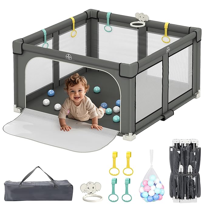 Foldable Playpen for Babies and Toddlers, 50" X 50" Large Collapsible Play Pen with Basket, 4 Handlers & 50 Ocean Balls, Portable Travel Play Yard with Carry Bag, No Installation, Grey