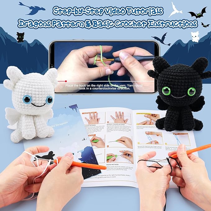 Dragon Crochet Kit for Beginners, 2PCS Black and White Dragon Crochet Animal Kit with Step-by-Step Video Tutorials, Crocheting Kits, Crochet Starter Kit for Kid and Adult, Stuffed Animal Knitting Kits