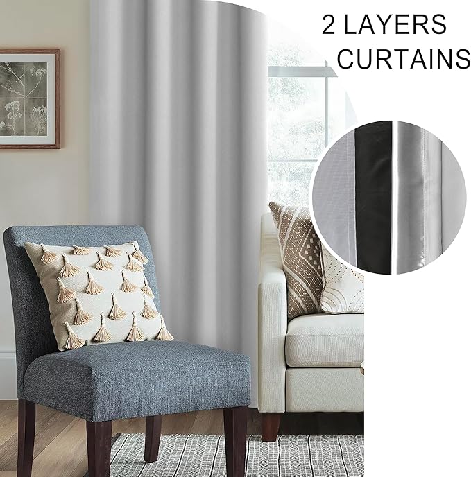 XWZO 100% Blackout Curtain Panels - Rod Pocket Thermal Insulated Black Liner, Noise Reducing and Heat Blocking Drapes for Hall and Studio Windows with Tiebacks, Light Grey, W42 x L72, Set of 2