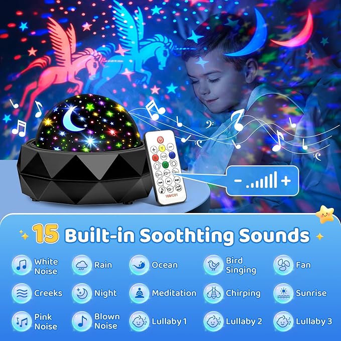 PIKOY Kids Night Light Projector,15 Colors+15 White Noise+3 Films+Remote+AUTO Timer Projector Night Light for Kids Room,Rechargeable Star Lights for Ceiling,Gifts Star Projector Lights for Bedroom
