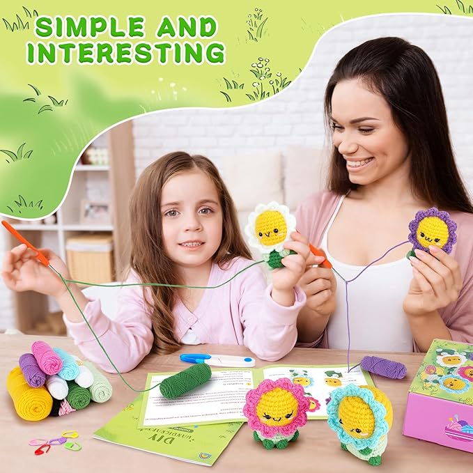 Crochet Kit for Beginners - 4PCS Flowers Complete Crochet Starter Kit with Step-by-Step Video Tutorials, Beginner Crochet Kits for Adults Kids Women, Flower Family Crocheting Set