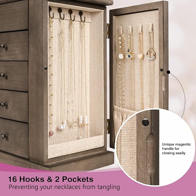 Jewelry Box for Women, 5 Layer Large Wood Jewelry Boxes & Organizers for Necklaces Earrings Rings Bracelets, Rustic Jewelry Organizer Box with Drawers and Mirror(Weathered Gray)