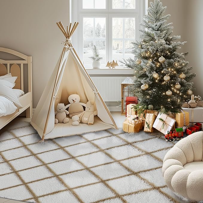 Fluffy Rug for Bedroom, 6X9Feet Stripe Checkered Rug Anti-Skid High Pile for Living Room Bedroom Kids Room Nursery, Dorm Home Decor