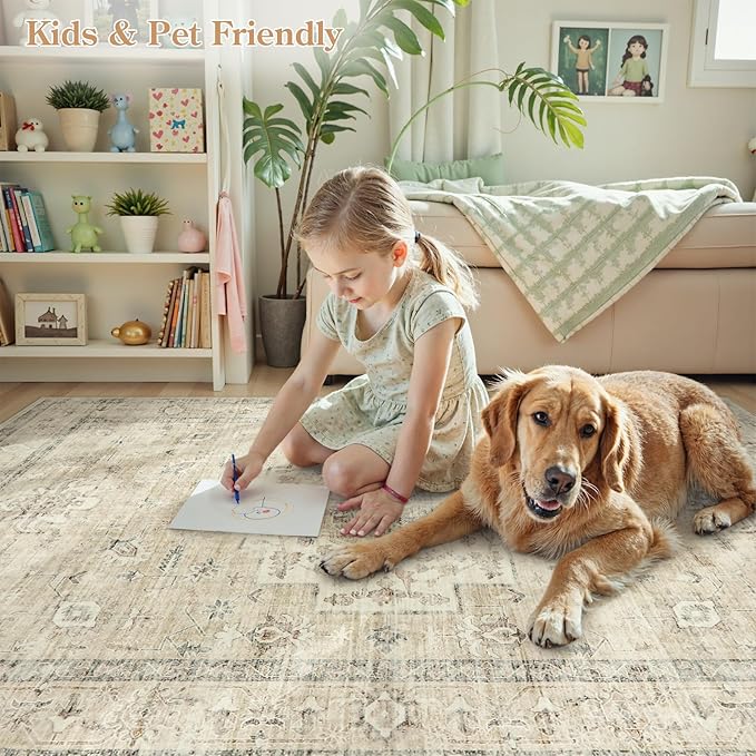 LIVEBOX Washable Rug 2x3 Kitchen Mats for Floor Entryway, Non Slip Front Door Mat for Bathroom Hallway, Boho Low-Pile Small Carpet Farmhouse Throw Indoor Rugs for Bath Sink, Tan