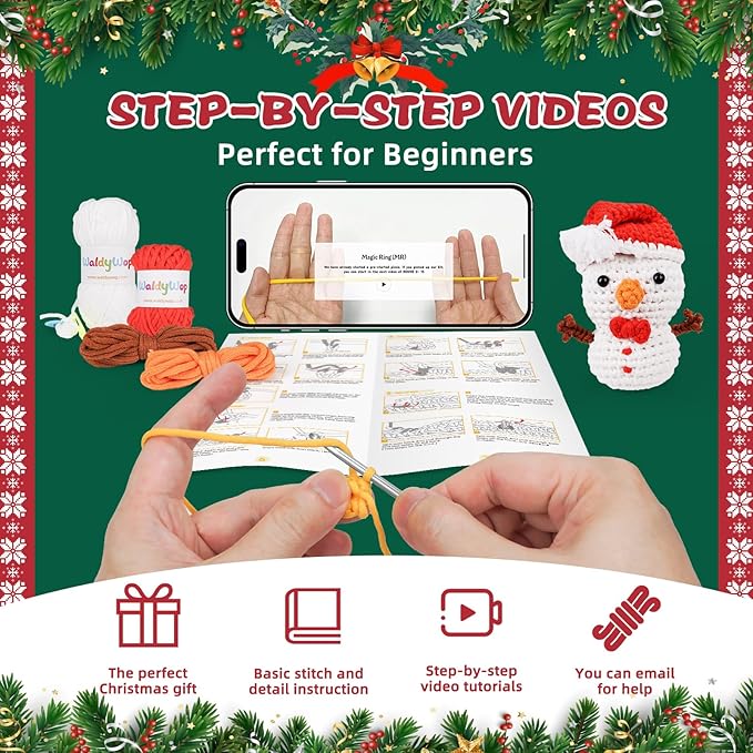 Christmas Snowman Crochet Kit for Beginners, Crochet Starter Kit for Kids Adults, Learn to Crochet w/Step-by-Step Video Tutorials, Pre-Started Yarn, Hook, DIY Amigurumi Craft Gifts for Christmas Décor