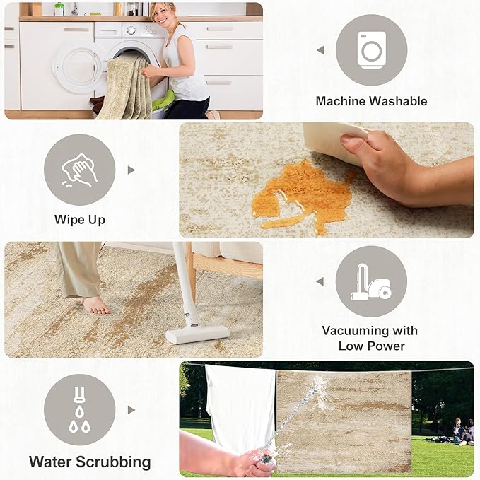 6x9 Area Rugs for Living Room - Washable Rug Modern Abstract Soft Large Neutral Non-Slip Carpet Indoor Floor Stain Resistant Thin Carpets for Bedroom Dining Room Farmhouse Nursery Home Office Beige