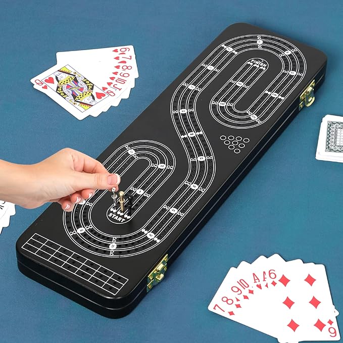 Cribbage Board Game Set 3 Tracks, 2 Storage Area, with 9 Metal Pegs,2 Decks of Playing Cards and Instruction, Wooden Travel Portable Cribbage Game Sets