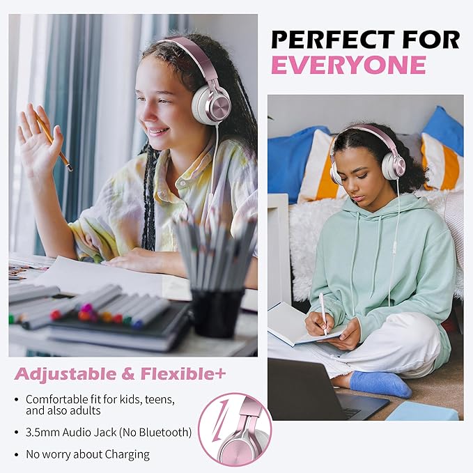AILIHEN C8 Girls Headphones, On-Ear Headphones Wired with Microphone and Volume Control Foldable Corded Stereo 3.5mm Headset for Girls School Chromebook Laptop Computer PC Tablets Travel (Rose Gold)