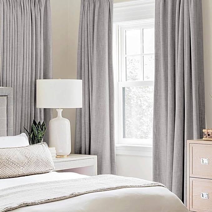 MIULEE Linen Texture Curtains for Bedroom Solid 100% Blackout Thermal Insulated Greyish White Curtains Grommet Room Darkening Drapes for Living Room Nursery 52x96 Inch (2 Panels)
