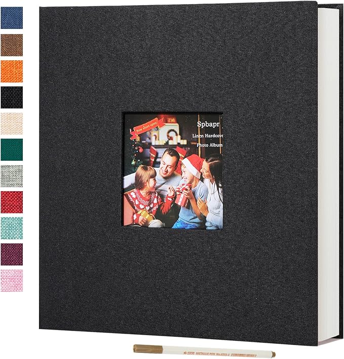 Spbapr Large Photo Album Self Adhesive 4x6 5x7 8x10 10x12 Pictures Magnetic Scrapbook Blank Linen Cover DIY Album with A Metal Pen 13.2"x12.8"40pages