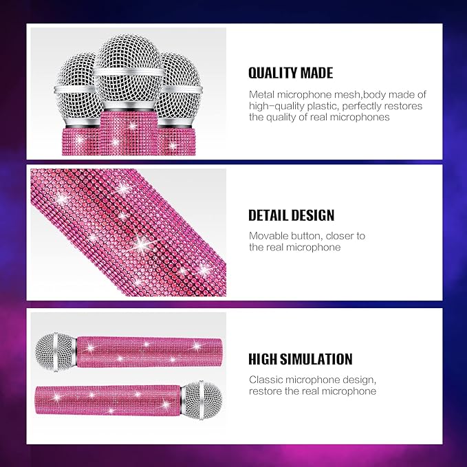 Sanwuta Fake Microphone Prop Sparkly Bling Rhinestones Plastic Play Microphone Pretend Glitter Bedazzled Mic for Cosplay Party Costume(Pink)