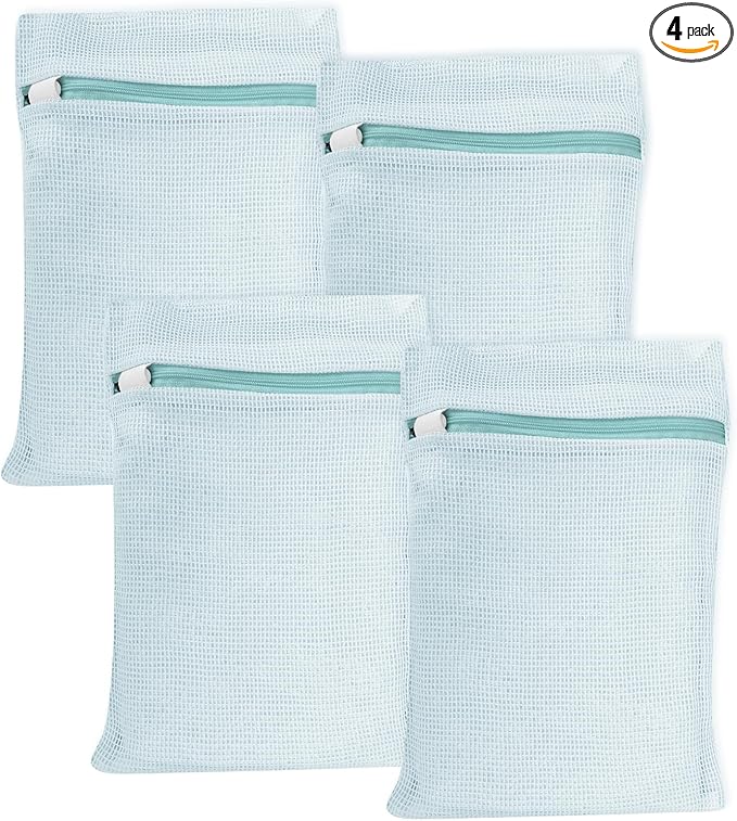4 Piece Blue Small, Durable Organic Cotton Mesh Laundry Bag with Strong Zipper and Breathable Mesh, Delicate Laundry Bag for Underwear, Clothes, Pants and Socks