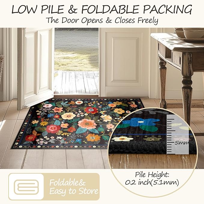 Floral 2x6 Area Rug Machine Washable Soft Print Boho Carpet Non Slip Doormat Low Pile Flower Area Rugs for Living Room Bedroom Nursery Kitchen Dining Room Indoor-Black