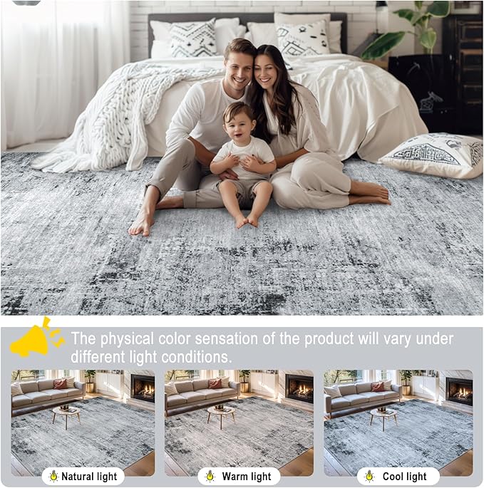 Area Rugs 10x12 Living Room - Washable Rug Modern Abstract Soft Large Neutral Non-Slip Carpet Indoor Floor Thin Carpets for Bedroom Dining Room Farmhouse Nursery Home Office Black