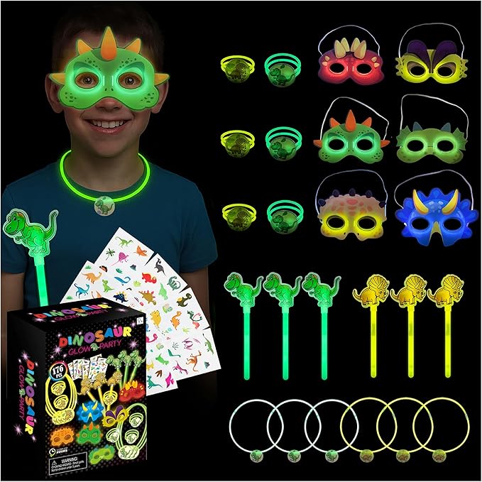 Dinosaur Party Favors Pack – Glow in the Dark Party Supplies | 6 Dinosaur Masks, 6 Bracelets, 6 Necklaces, 6 Wands, 42 Dino Glow Sticks & 80 Stickers | Birthday Classroom Halloween Trick or Treat
