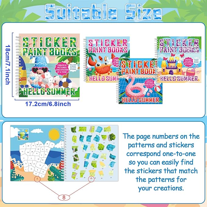 4Pcs Summer Paint by Sticker Books for Kids Ages 4-8 Hello Summer Sticker by Number Books Activity Book for Kids Age 3-5 Puzzle Book Craft Art Toddler Gift with Crab Flamingo Sand Castle 32 Pictures