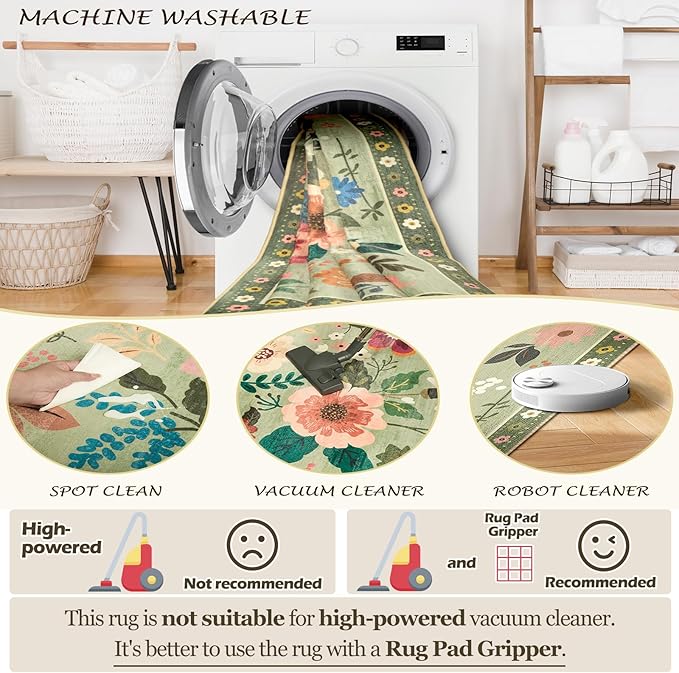 Floral 2x8 Area Rug Machine Washable Soft Print Boho Carpet Non Slip Doormat Low Pile Flower Area Rugs for Living Room Bedroom Nursery Kitchen Dining Room Indoor-Light Green