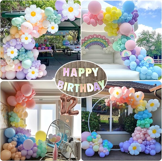 Pastel Balloons 8th Birthday Decorations for Girls, 219 Pastel Balloon Garland Kit with Flowers, Happy Birthday Banner, Cake Topper, 3D Butterflies, Number 8 Balloon for PastelBirthday Decorations