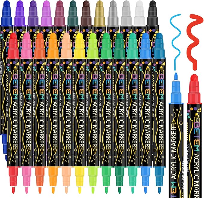 Betem 24 Colors Dual Tip Acrylic Paint Pens Markers, Premium Acrylic Paint Pens for Halloween Decorations, Wood, Canvas, Stone, Rock Painting, Glass, Ceramic Surfaces, Pumpkin Painting Kit DIY Crafts