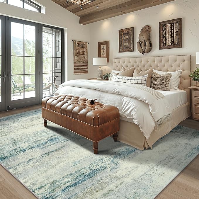 Area Rug 9x12 Washable Rugs: Abstract Large Living Room Rugs with Non-Slip Backing, Thin Carpet for Dining Room Table Bedroom Nursery Indoor Home Office-Blue/Gray