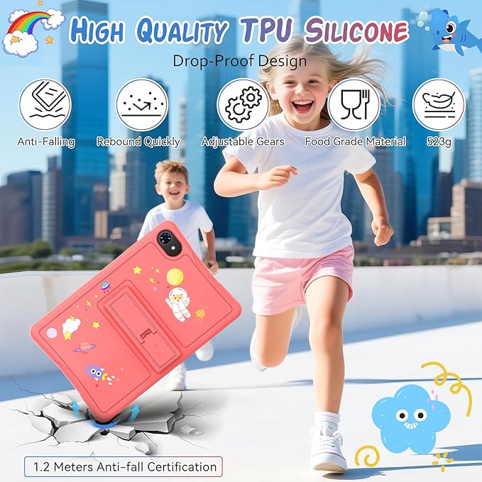 Kids Tablet 10 inch, Android 15 Kids Tablets, Parental Control, Pre-Installed Kiddos Software & Kids Space, Includes Case & Stylus Pen, 12GB RAM 64GB ROM, 2TB Expand, HD IPS Screen(Pink)