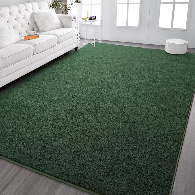 Kimicole 6x9 Washable Area Rugs for Living Room Bedroom, Large Low Pile Ulta-Thin Solid Color Rug, Non-Slip Soft Fluffy Carpet for Nursery Kids Room Dorm Room Home Decor (Dark Green)