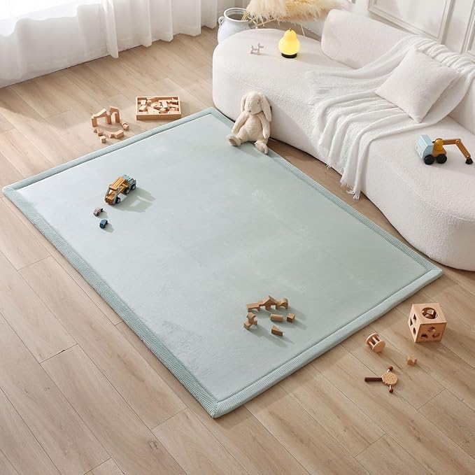 Stylish Coral Velvet Baby Play Mat for Floor 60" x 80" Green – Soft 1" Thick High-Density Memory Foam Nursery Rug,Kids Rug with Non-Slip Backing for Crawling & Playing, Playroom Rug, Kids Carpet
