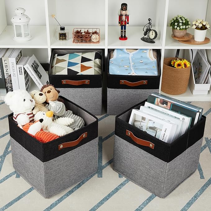 HNZIGE Cube Storage Baskets,Fabric Storage Cubes 12 x 12, Set of 4,Decorative Storage Baskets for Organizing with Handles,Closet Bins for Shelf Organizer Home Toy Nursery Closet(Black Gray)