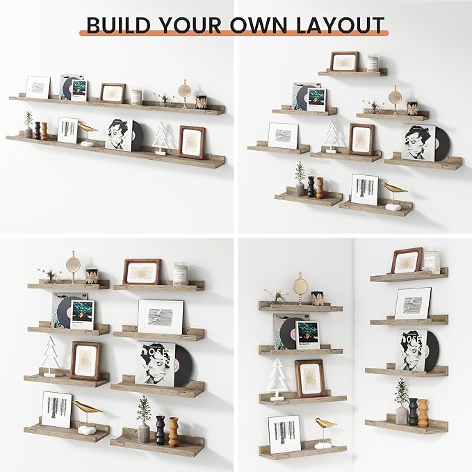 Floating Picture Ledge Shelves for Wall Set of 8, 16 Inch Solid Wood Wall Shelves with Lip Long Large Nursery Book Shelf for Toys Storage Kids Bookshelf Wall Mounted Living Room Bedroom Decor Frames