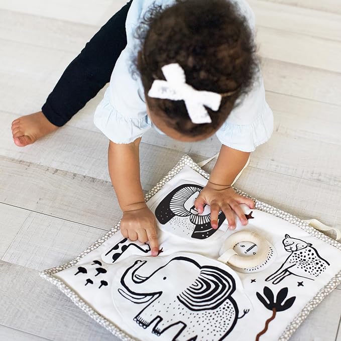 Wee Gallery Safari Activity Pad Organic Baby Play Mat with Sensory Toys, High Contrast Newborn Essentials Soft Tummy Time Mat for Babies 0-12 Months, Visual and Motor Skill Development Toy