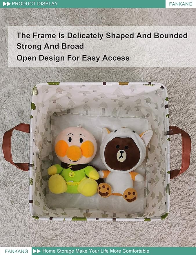 FANKANG Square Nursery Hamper Storage Bins Canvas Laundry Basket Foldable with Waterproof PE Coating Large Storage Baskets Gift Baskets for Children Office Bedroom ClothesToys (SquareGreen forest)