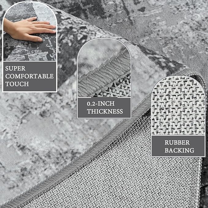 LOCHAS Rug for Living Room, Washable Soft Area Rugs for Bedroom 5x8, Abstract Carpet for Indoor Office Kids Dining Room Nursery Floor, Grey Geometric Vintage Home Decor, Non Slip, Pet Child Friendly