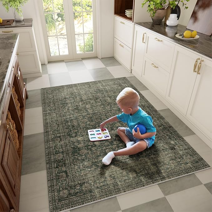 Machine Washable Throw Rugs for Entryway: Door Mat Indoor Entrance 4x6 Rug Boho Small Area Rug Non-Slip Low Pile Kitchen Rug for Front Door Indoor Entrance Entry Kids Room