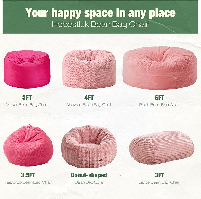 Hobestluk 3FT Bean Bag Chairs Adult Bean Bag with Portable Handle Comfy Large Bean Bag Chair with Removable Cover for Living Room Bedroom or Reading Nook (Stripe Pink, 3FT)