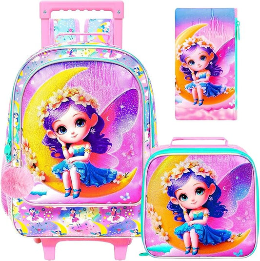 Girls Rolling Backpack, Cute Moon Fairy Roller Wheels Kids Bookbag - Wheeled Elementary School Bag - 3PCS Moon Fairy