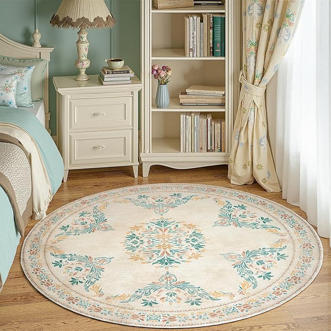 jinchan Round Rug 5ft Area Rugs Vintage Floral Distressed Design,Machine Washable Soft Non-Slip Low-Pile Ultra-Thin Circle Rug for Entryway Living Room Dining Room Bedroom (5' Round,Apricot Multi)