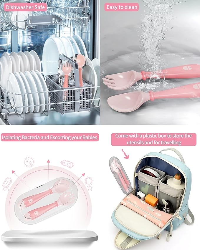 Deejoy Toddler Utensils with Travel Case, Baby Spoons and Forks Set for Self Feeding, Silicone Bendable Handle, Easy Grip Heat-Resistant, Self-feeding Flatware Sets for Kids (Stage 2) Pink