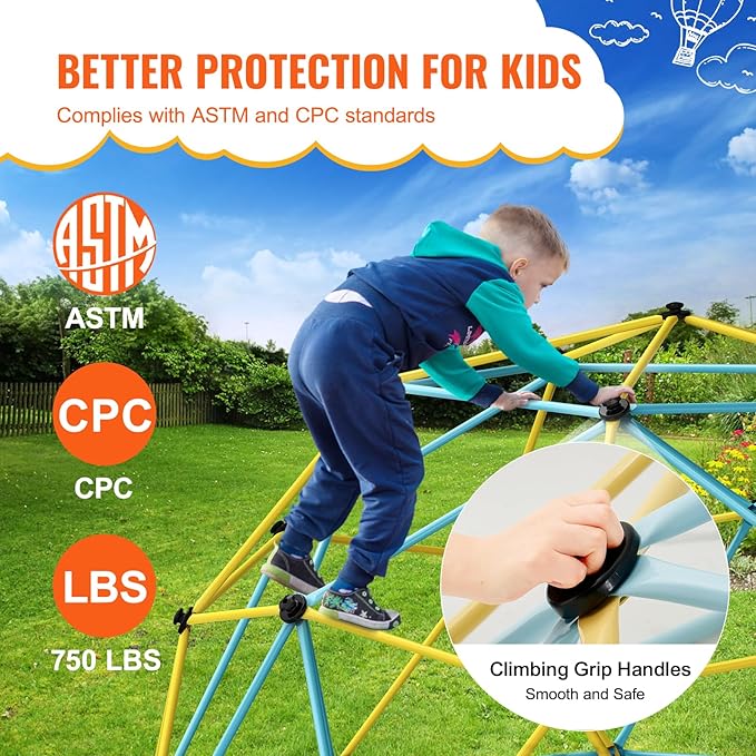 VEVOR Climbing Dome, 12FT Geometric Dome Climber Play Center for Kids 3 to 10 Years Old, Jungle Gym Supports 750LBS and Easy Assembly, with Climbing Grip, Outdoor Backyard Play Equipment for Kids