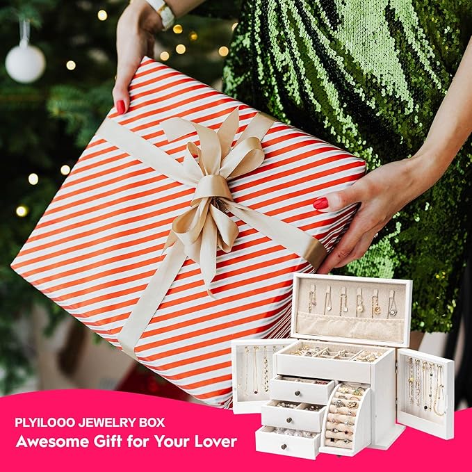 Jewelry Box Organizer, Solid Wood Jewelry Boxes for Women for Storage & Display Necklace Ring Earring Bracelet, Rustic Style Jewelry Organizer Box for Women Gifts (Weathered White)