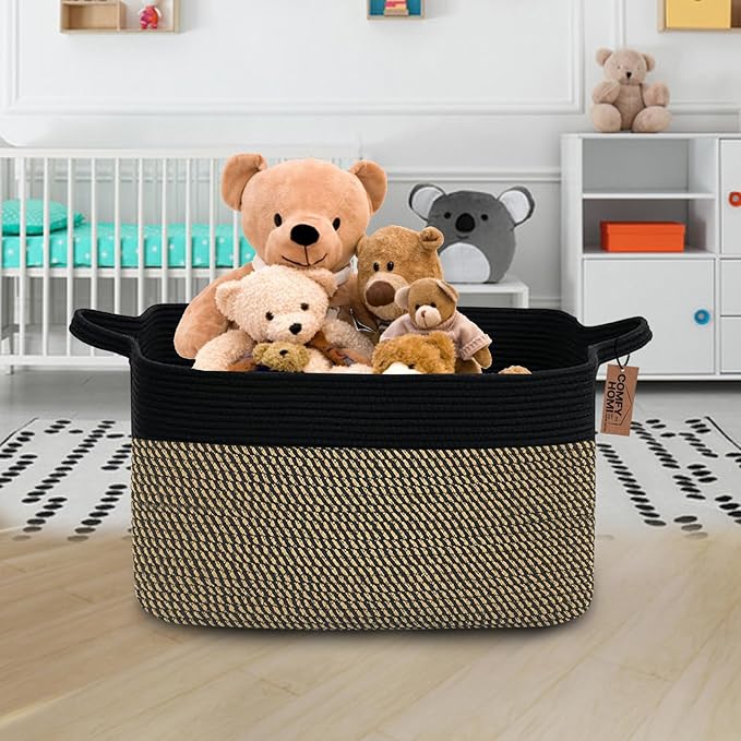 COMFY-HOMI Large Rectangular Blanket, Cotton Rope Woven for Storage, LaundryHamper, Storage,Toy Organizing Bin with Handle, Organizer and Storage-22x15x12-Black/Jute