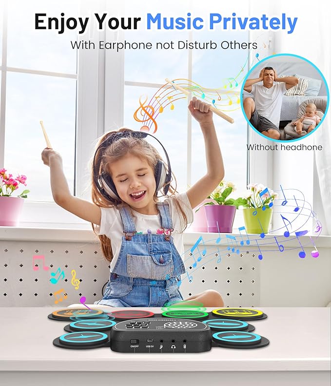 Electronic Drum Set, 9-Drum Practice Pad with Headphone Jack, Roll-up Drum Kit Machine with Built-in Speaker Drum Pedals and Sticks 10 Hours Playtime, Great Christmas for Kids