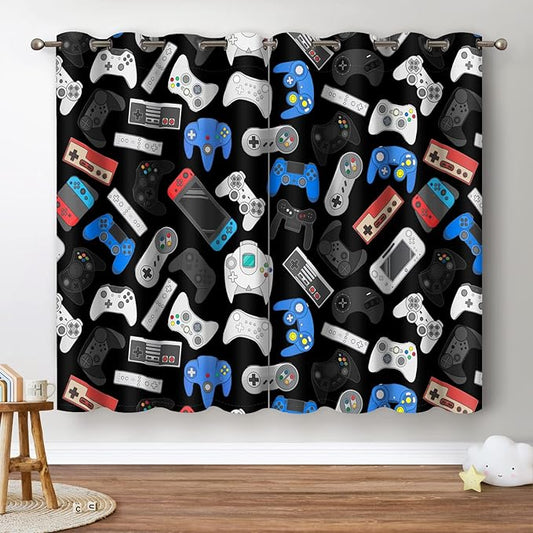 Jekeno Game Controller Blackout Curtains for Kids Boys Teens Bedroom Colorful Video Game Gamer Gaming Gamepad Decor for Home Living Room Grommet Window Drapes 2 Panel Set, 52"x84"