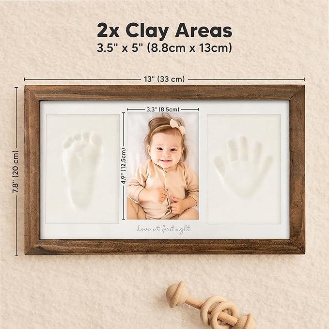 Baby Hand and Footprint Kit - Clay Handprint Keepsake Frame, Newborn Nursery Picture Frame, Personalized New Mom Gifts for Baby Shower & Registry (Medium Oak)