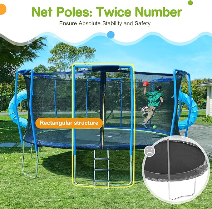 Zupapa Trampolines No-Gap Design 1500 LBS Weight Capacity 16 15 14 12 10 8FT for Kids Children with Safety Enclosure Net Outdoor Backyards Large Recreational Trampoline