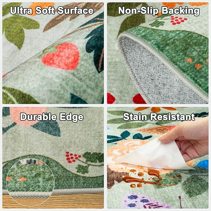 10x12 Area Rugs for Living Room: Floral Washable Rug Vintage Large Soft Boho Non-Slip Carpet Indoor Stain Resistant Low Pile Carpets for Bedroom Dining Room Farmhouse Nursery Hallway Home Office Green