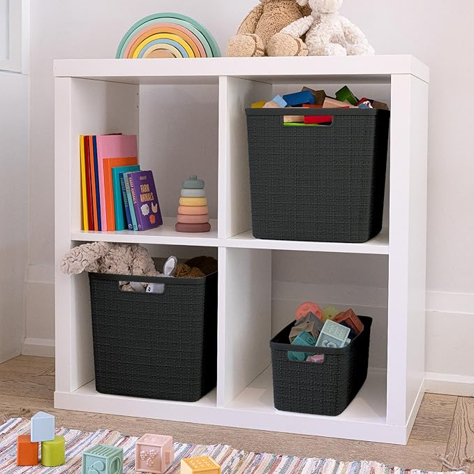 Curver Set of 4 Jute Large Cube Decorative Plastic Organization and Storage Baskets, Perfect Bins for Home Office, Closet Shelves, Kitchen Pantry and All Bedroom Essentials, Black