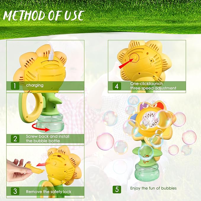 Sunflower Bubble Machine for Kids Automatic Flower Bubble Toy with Colorful Lighting for Toddlers Handheld 20000+Bubbles 3 Modes Fun Swing Dance Bubble Maker Blower Blaster Outdoor Toys Type-C Blue